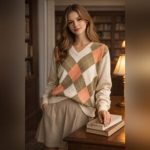 100% Cashmere BALLANTYNE Vintage Beige V Neck Argyle Grandpa Sweater - Size L